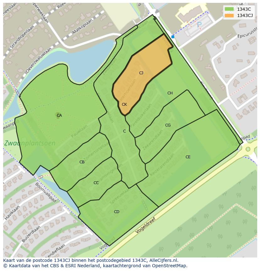 Afbeelding van het postcodegebied 1343 CJ op de kaart.