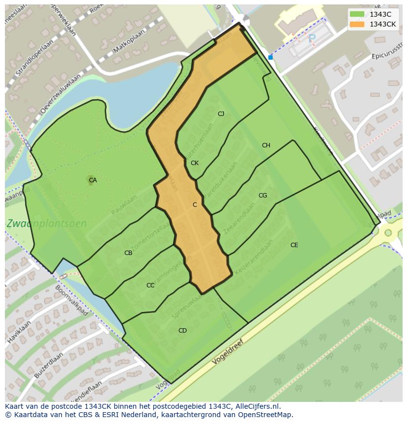 Afbeelding van het postcodegebied 1343 CK op de kaart.