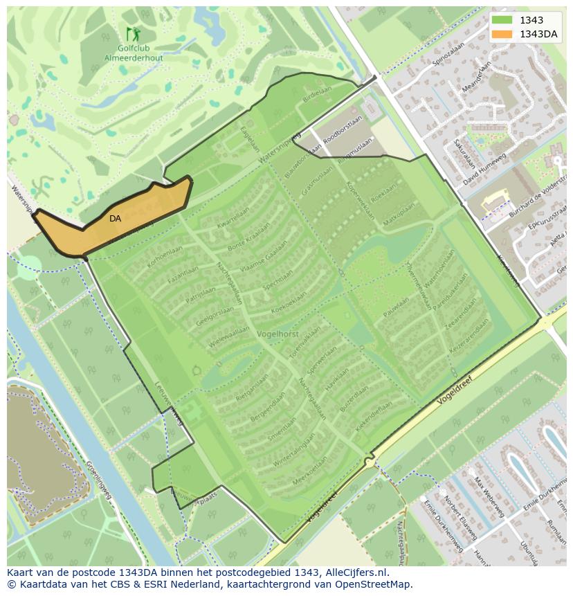 Afbeelding van het postcodegebied 1343 DA op de kaart.