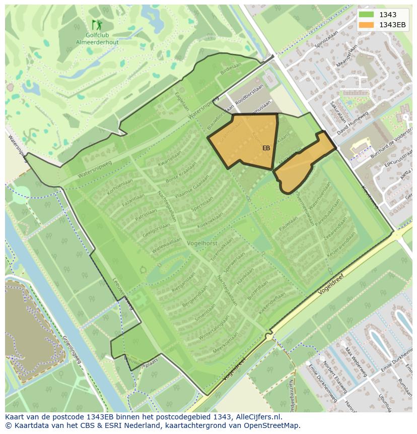 Afbeelding van het postcodegebied 1343 EB op de kaart.