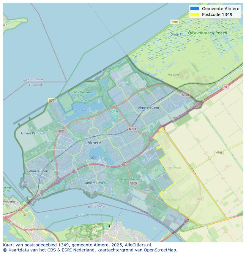 Afbeelding van het postcodegebied 1349 op de kaart.