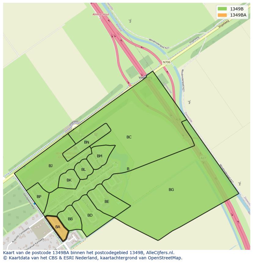 Afbeelding van het postcodegebied 1349 BA op de kaart.