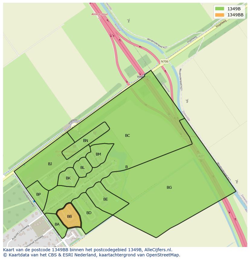 Afbeelding van het postcodegebied 1349 BB op de kaart.