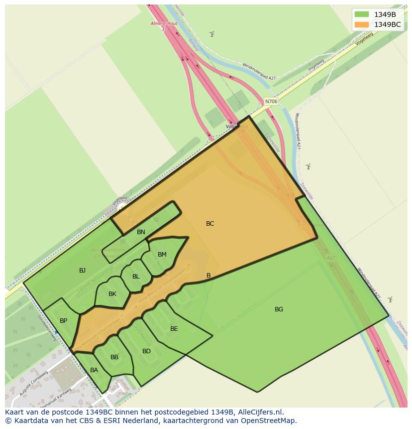 Afbeelding van het postcodegebied 1349 BC op de kaart.