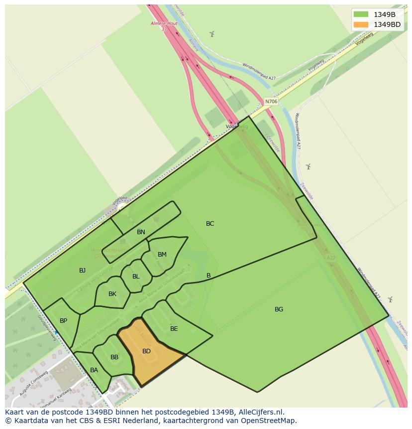 Afbeelding van het postcodegebied 1349 BD op de kaart.