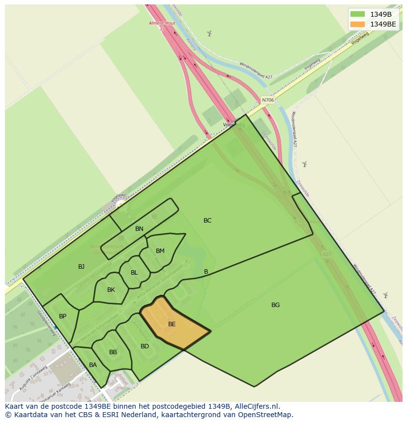 Afbeelding van het postcodegebied 1349 BE op de kaart.