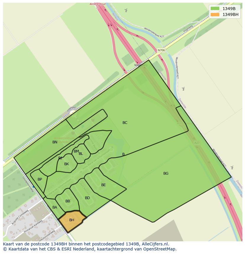 Afbeelding van het postcodegebied 1349 BH op de kaart.