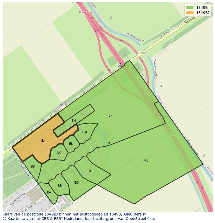Afbeelding van het postcodegebied 1349 BJ op de kaart.