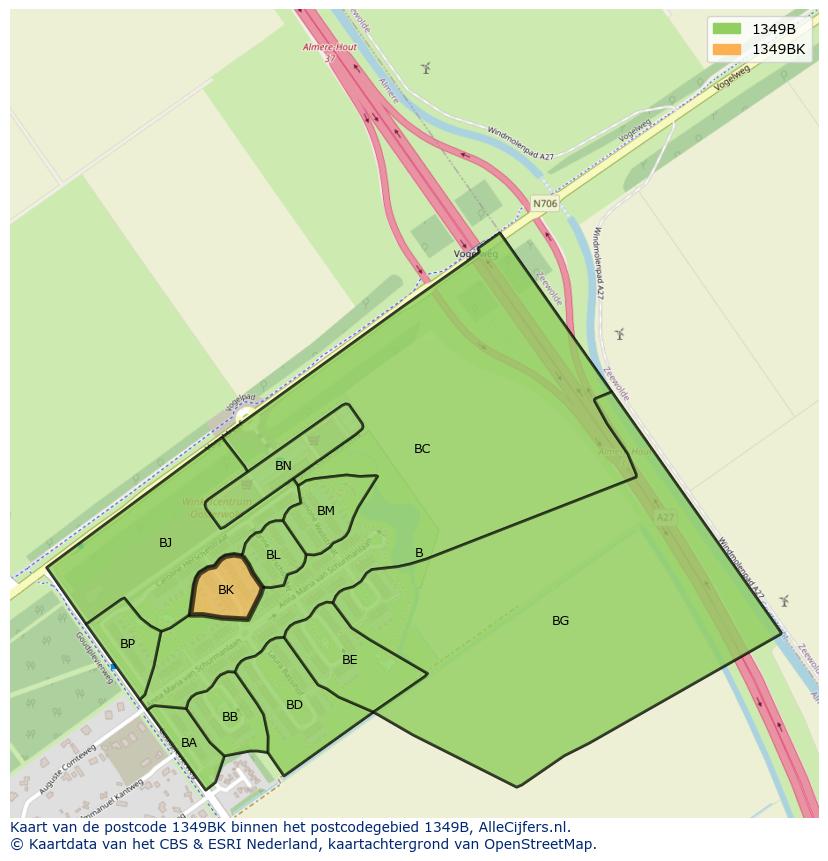 Afbeelding van het postcodegebied 1349 BK op de kaart.