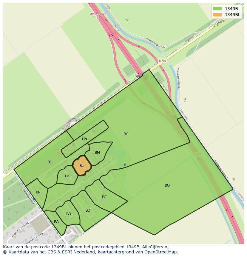 Afbeelding van het postcodegebied 1349 BL op de kaart.
