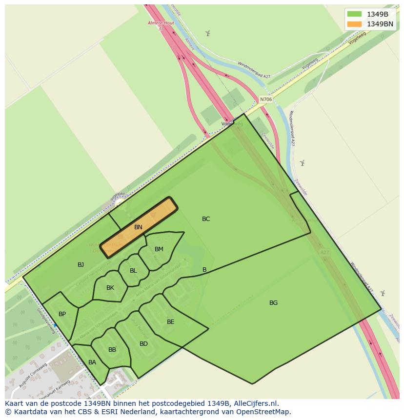 Afbeelding van het postcodegebied 1349 BN op de kaart.