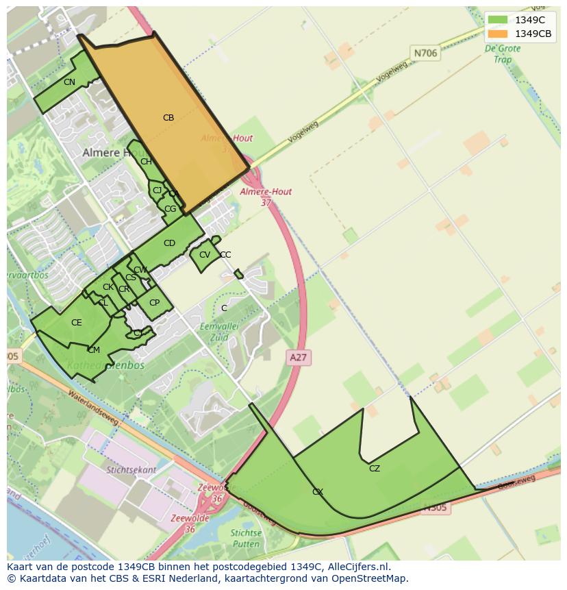 Afbeelding van het postcodegebied 1349 CB op de kaart.