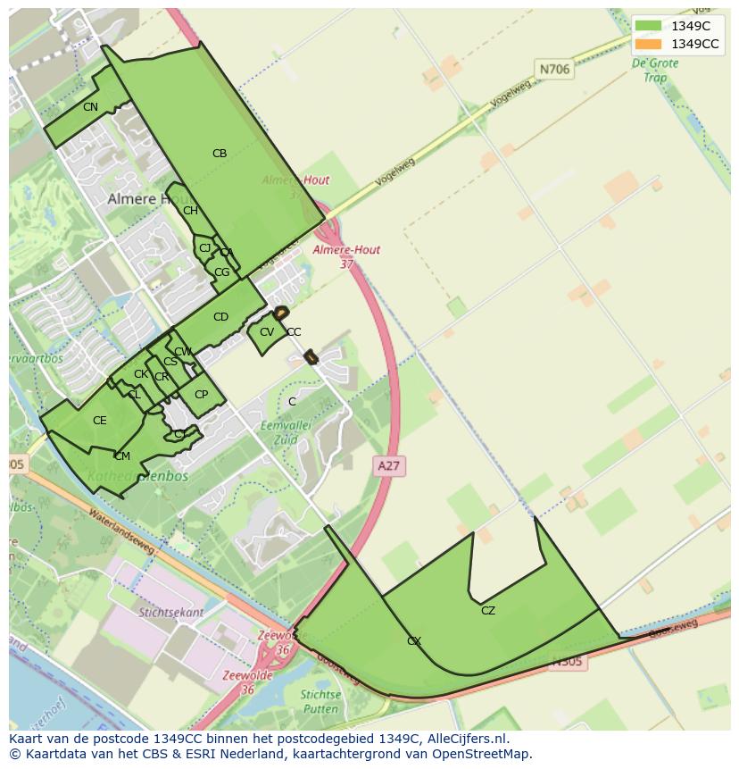 Afbeelding van het postcodegebied 1349 CC op de kaart.