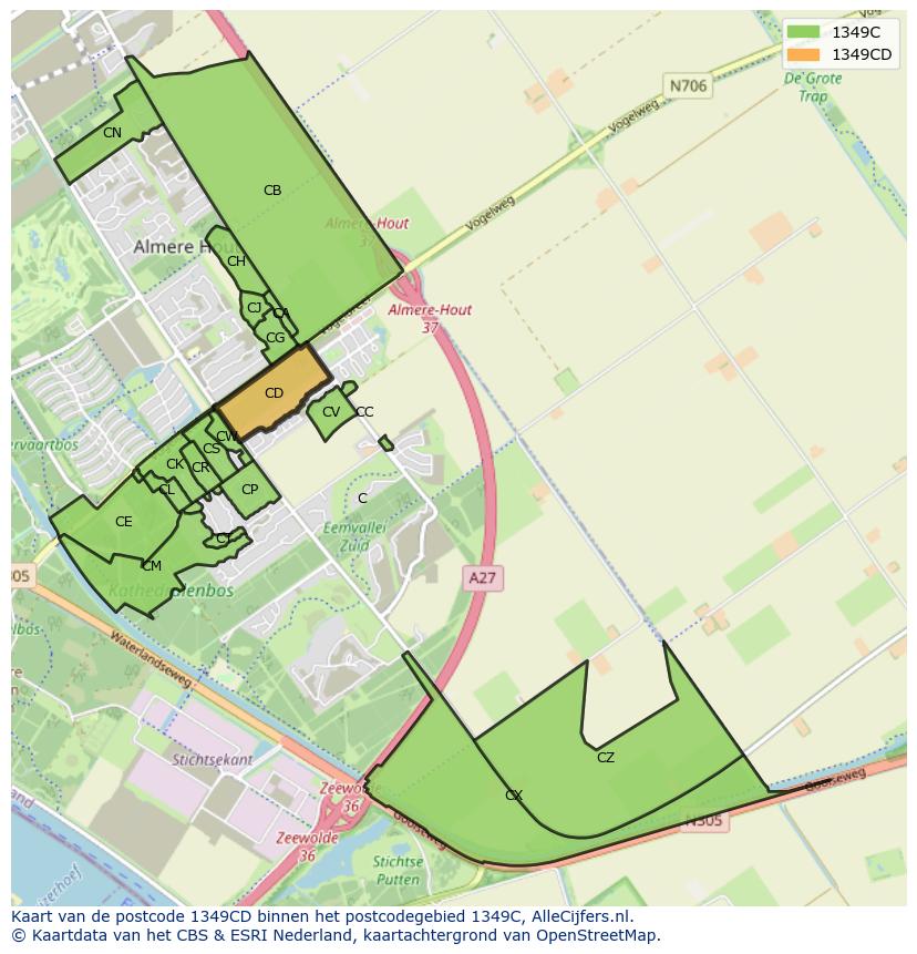 Afbeelding van het postcodegebied 1349 CD op de kaart.