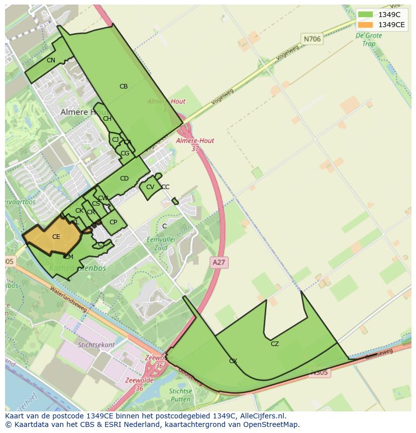 Afbeelding van het postcodegebied 1349 CE op de kaart.