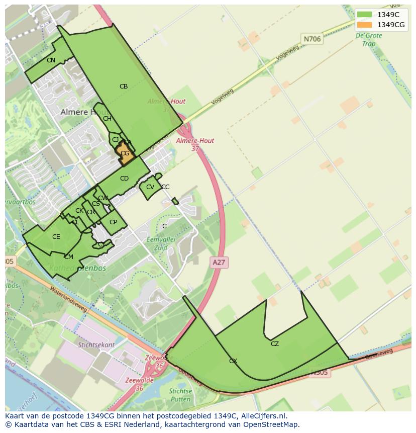 Afbeelding van het postcodegebied 1349 CG op de kaart.