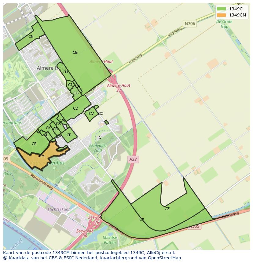 Afbeelding van het postcodegebied 1349 CM op de kaart.