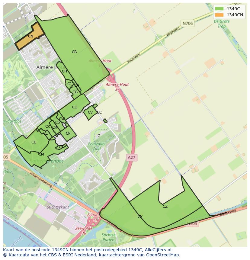 Afbeelding van het postcodegebied 1349 CN op de kaart.