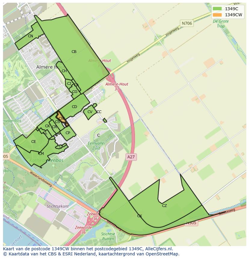 Afbeelding van het postcodegebied 1349 CW op de kaart.