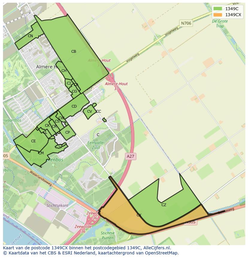 Afbeelding van het postcodegebied 1349 CX op de kaart.