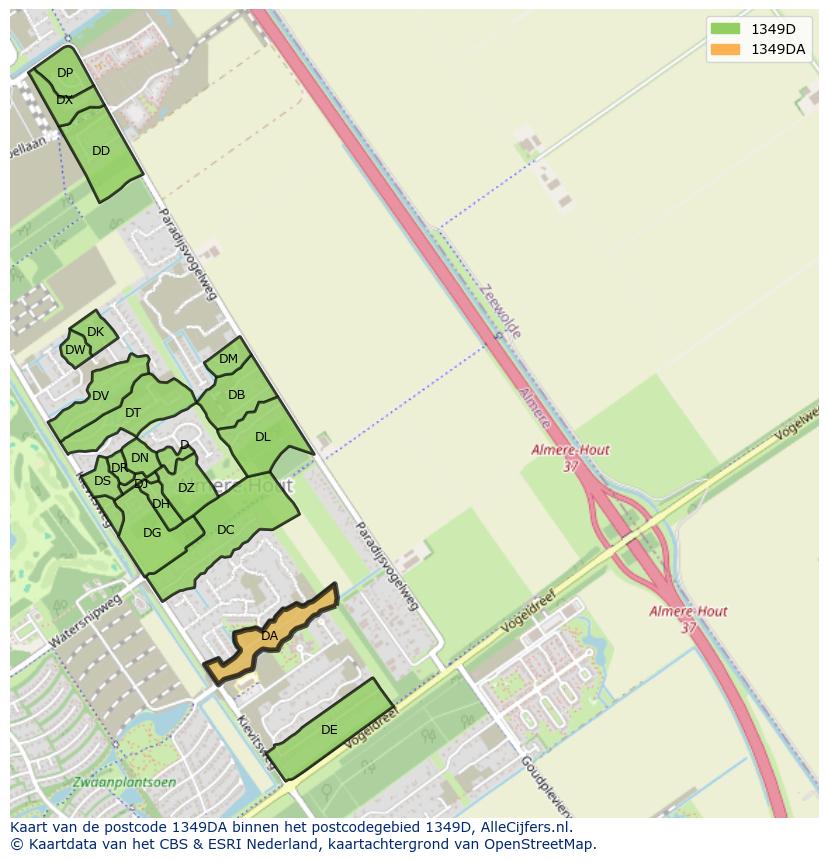 Afbeelding van het postcodegebied 1349 DA op de kaart.