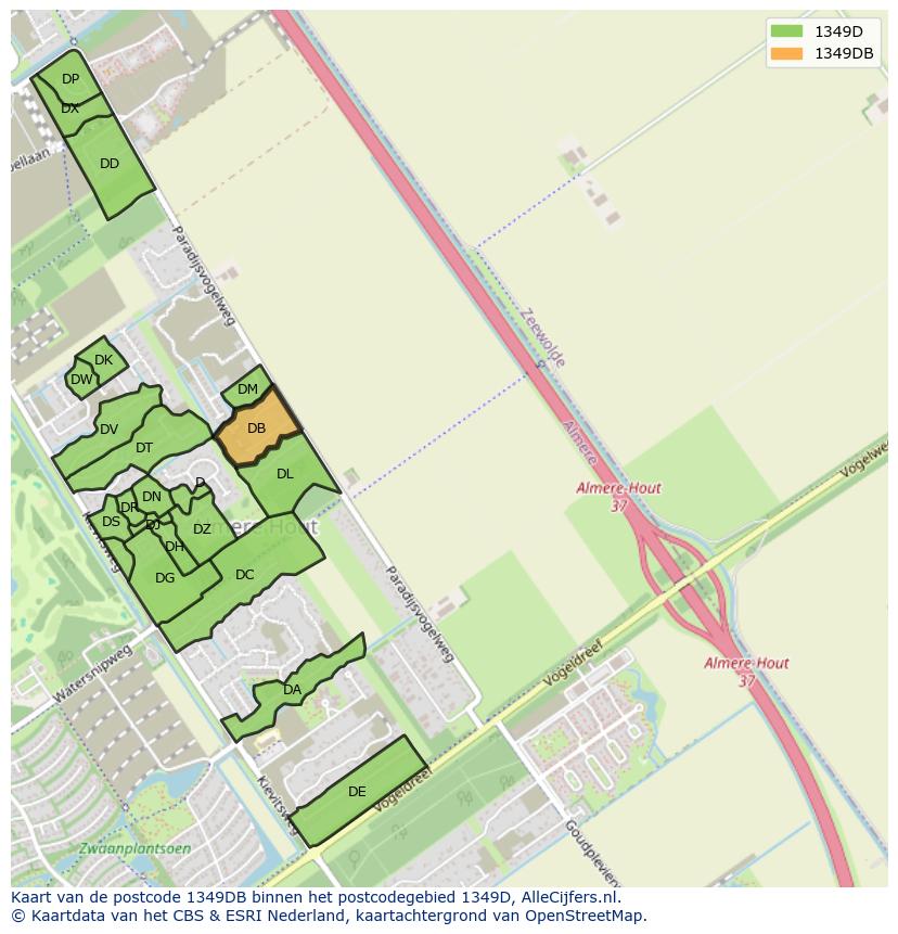 Afbeelding van het postcodegebied 1349 DB op de kaart.