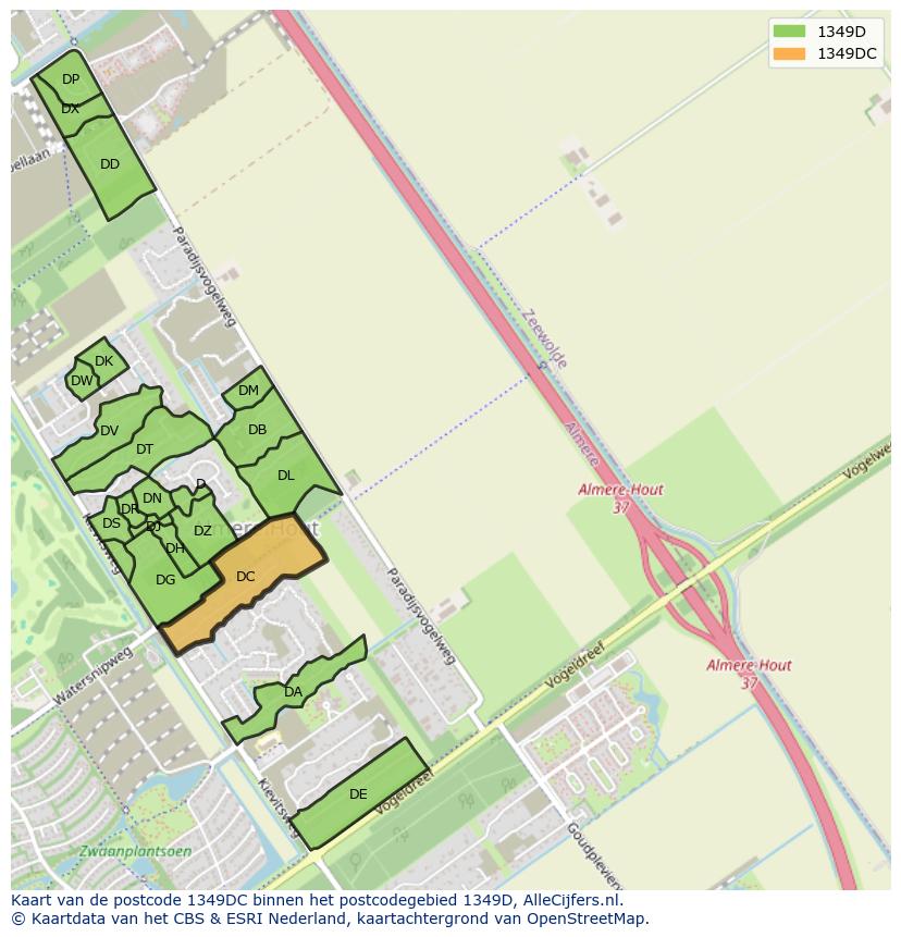 Afbeelding van het postcodegebied 1349 DC op de kaart.