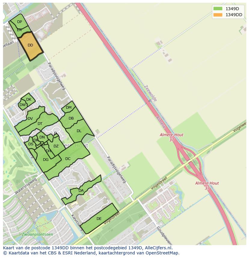 Afbeelding van het postcodegebied 1349 DD op de kaart.