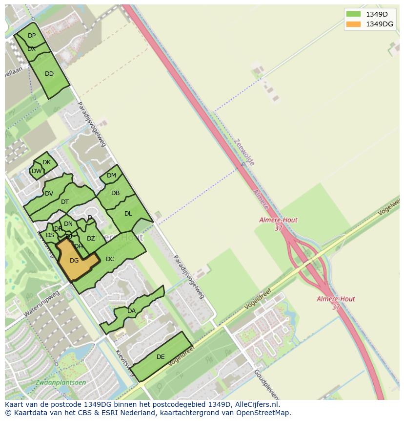 Afbeelding van het postcodegebied 1349 DG op de kaart.