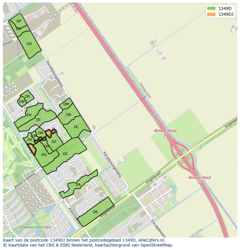 Afbeelding van het postcodegebied 1349 DJ op de kaart.