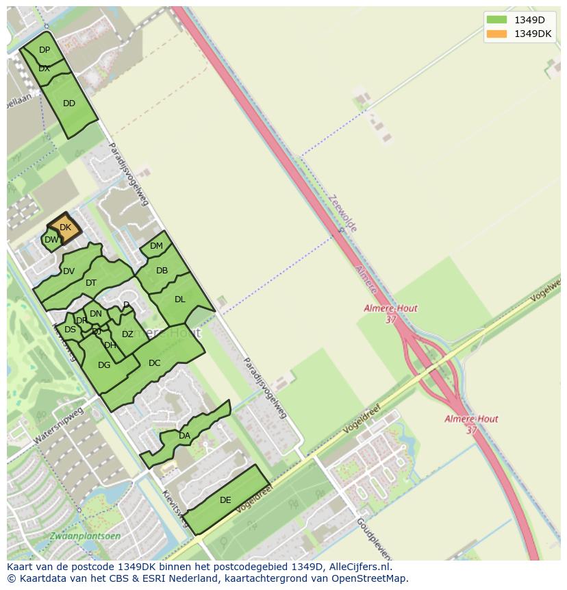 Afbeelding van het postcodegebied 1349 DK op de kaart.