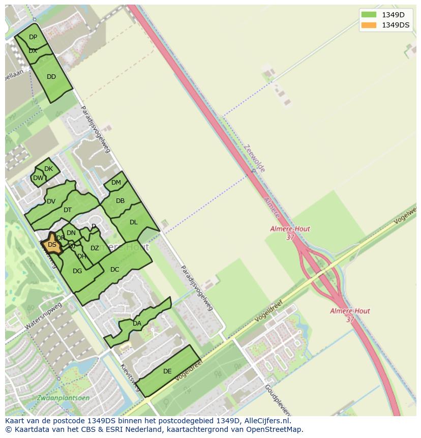 Afbeelding van het postcodegebied 1349 DS op de kaart.
