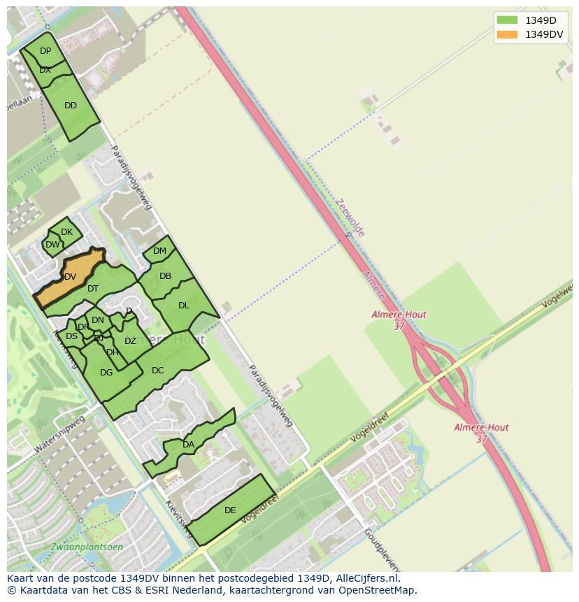 Afbeelding van het postcodegebied 1349 DV op de kaart.