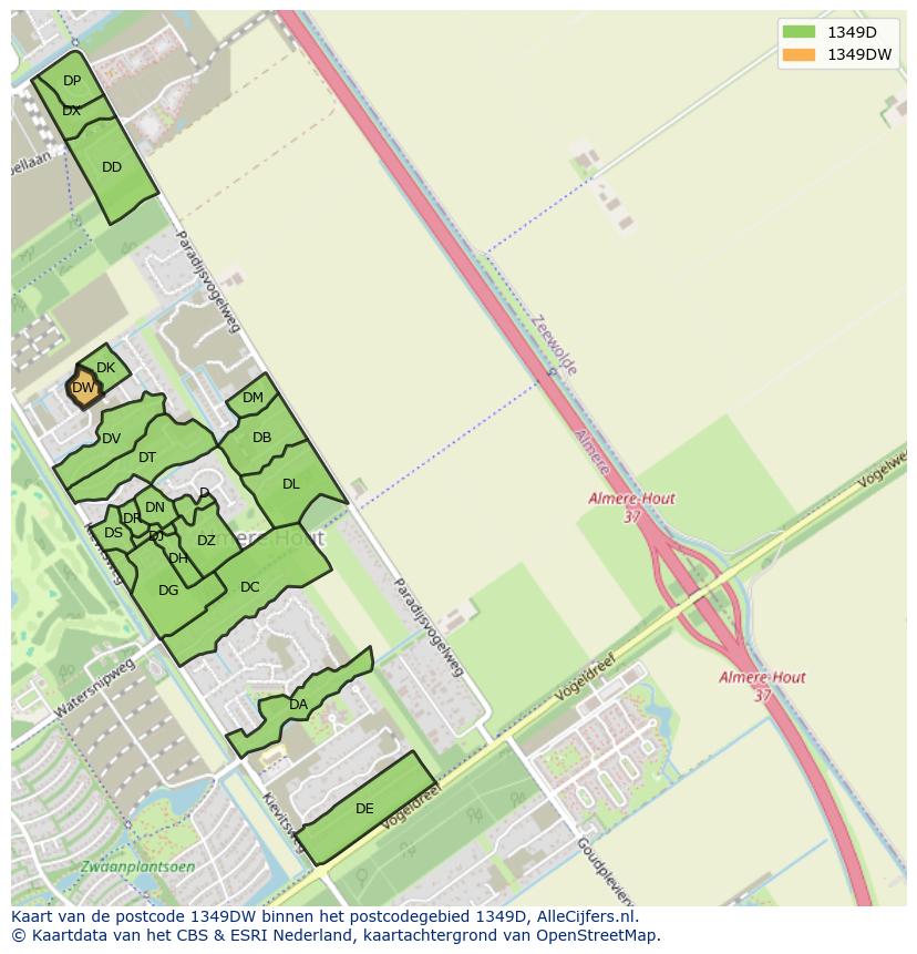 Afbeelding van het postcodegebied 1349 DW op de kaart.