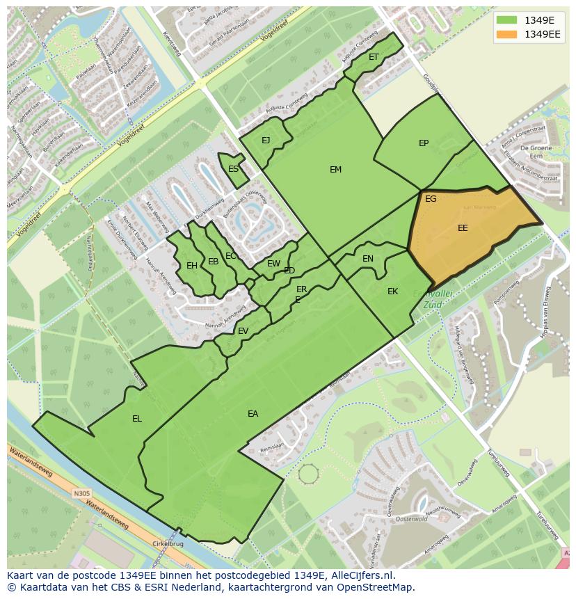 Afbeelding van het postcodegebied 1349 EE op de kaart.