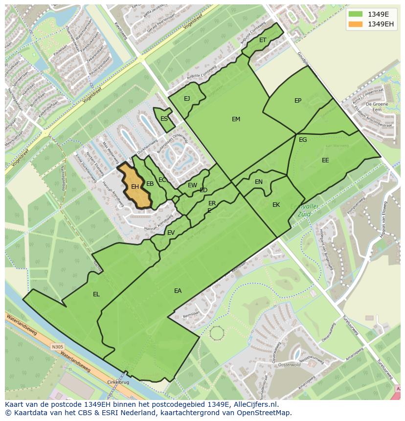 Afbeelding van het postcodegebied 1349 EH op de kaart.
