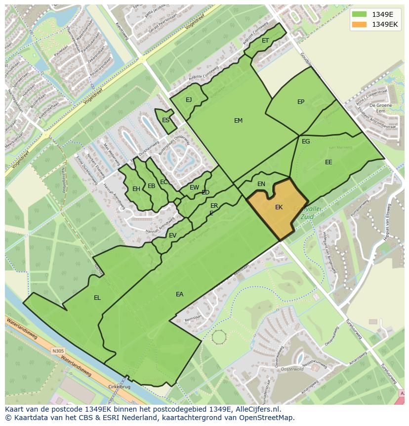Afbeelding van het postcodegebied 1349 EK op de kaart.