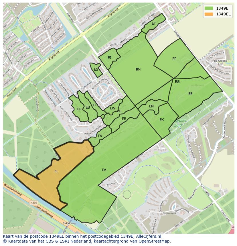 Afbeelding van het postcodegebied 1349 EL op de kaart.