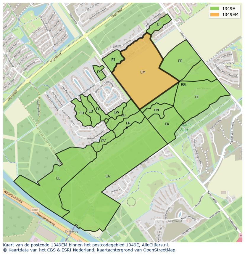 Afbeelding van het postcodegebied 1349 EM op de kaart.