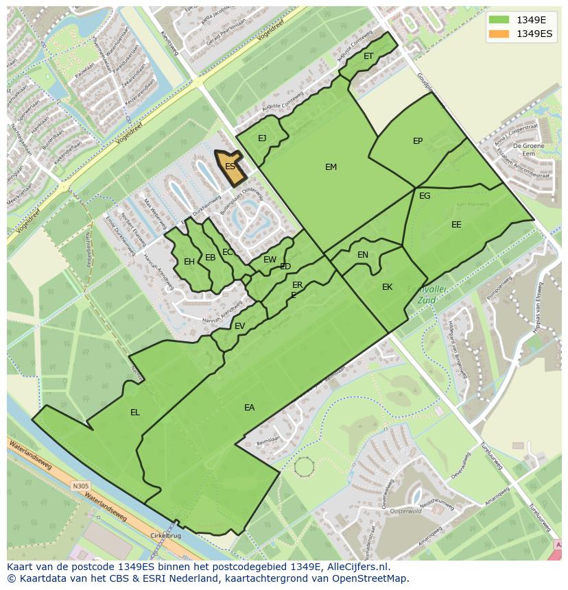 Afbeelding van het postcodegebied 1349 ES op de kaart.