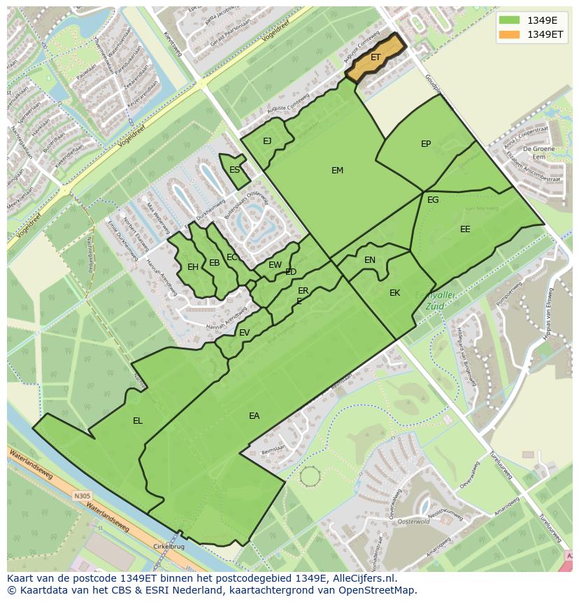 Afbeelding van het postcodegebied 1349 ET op de kaart.
