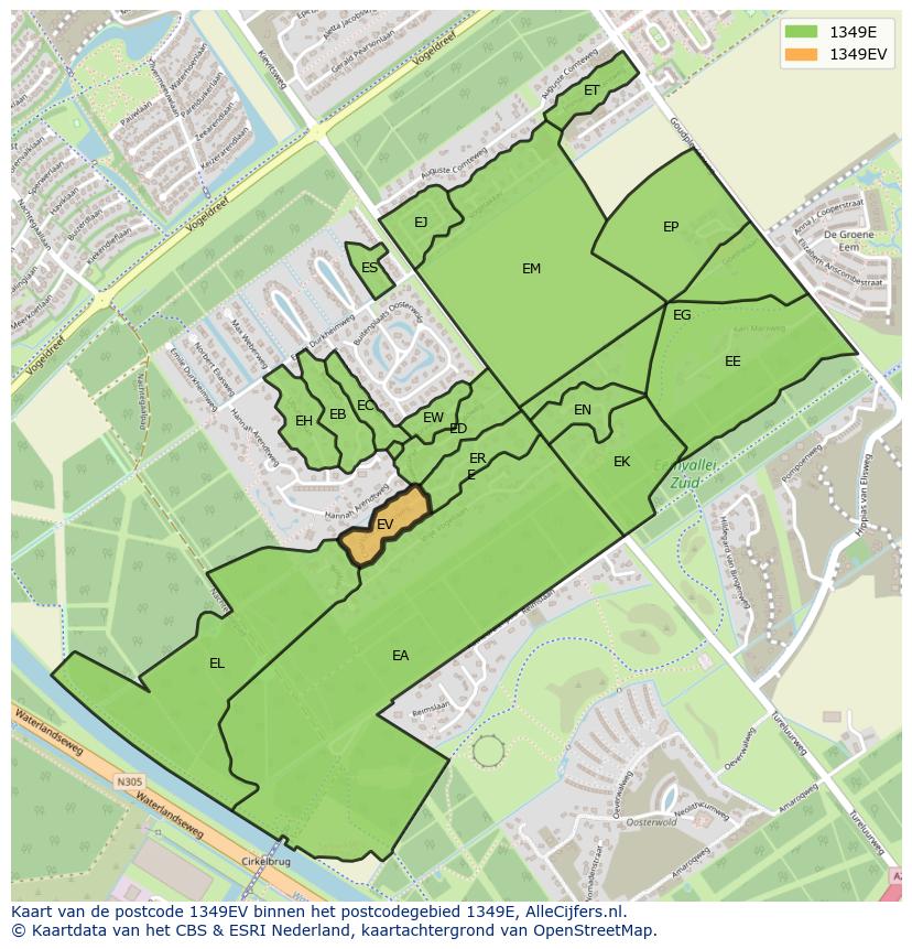 Afbeelding van het postcodegebied 1349 EV op de kaart.