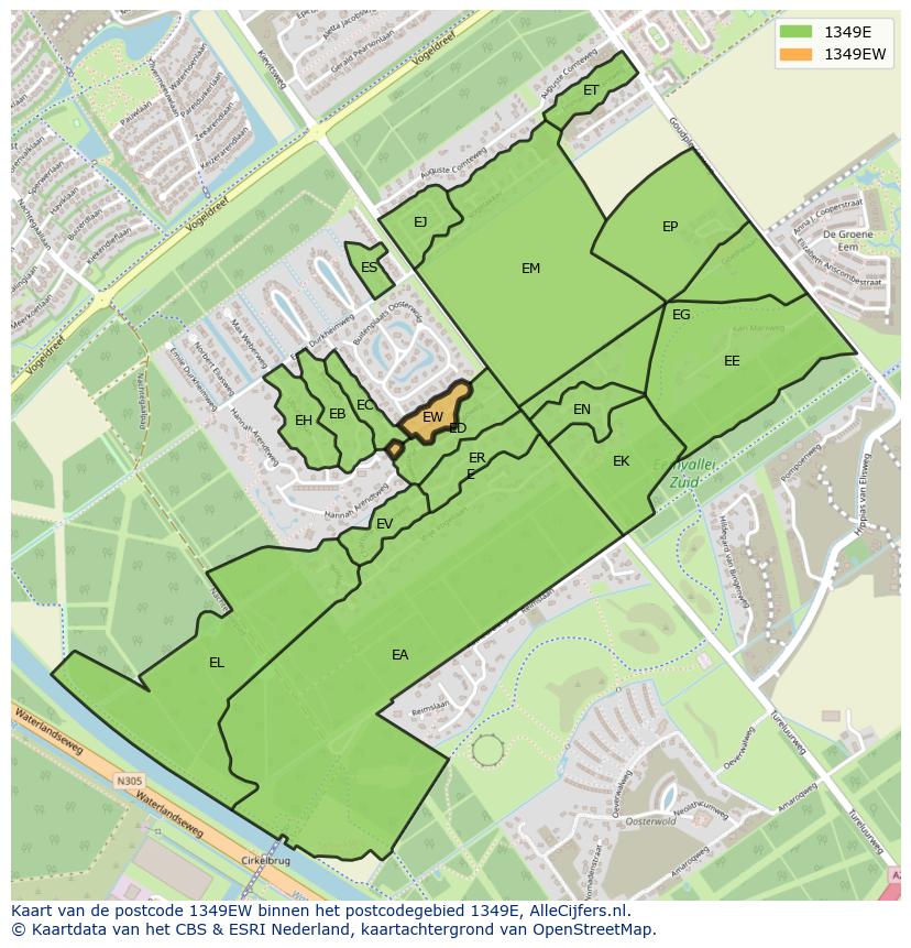 Afbeelding van het postcodegebied 1349 EW op de kaart.