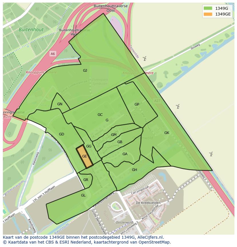 Afbeelding van het postcodegebied 1349 GE op de kaart.