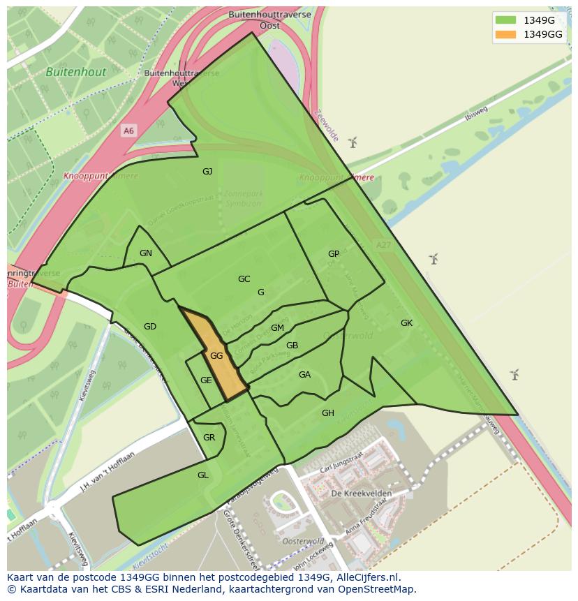 Afbeelding van het postcodegebied 1349 GG op de kaart.