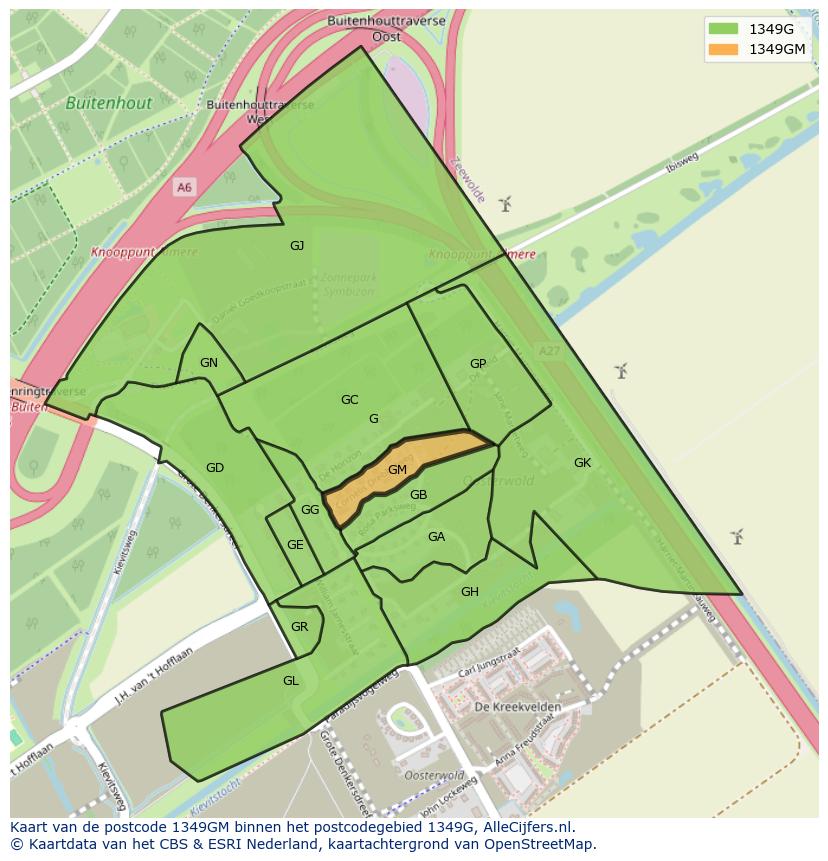 Afbeelding van het postcodegebied 1349 GM op de kaart.