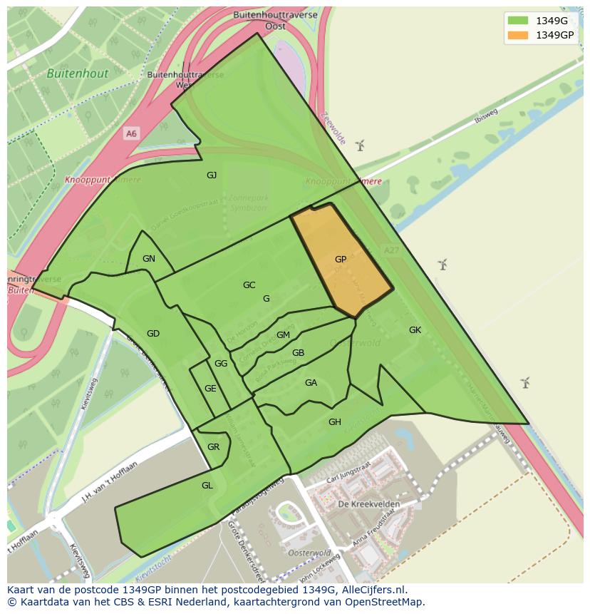 Afbeelding van het postcodegebied 1349 GP op de kaart.