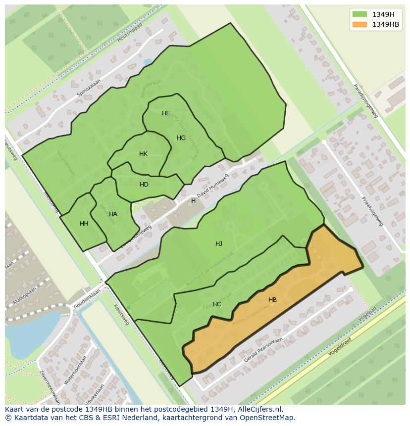 Afbeelding van het postcodegebied 1349 HB op de kaart.