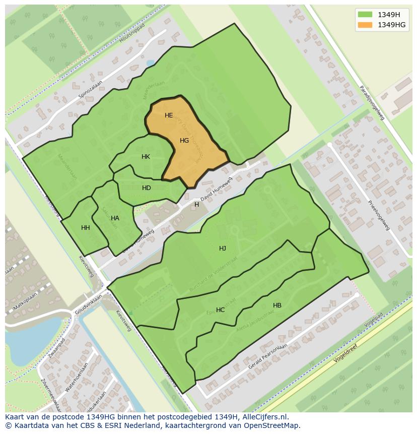 Afbeelding van het postcodegebied 1349 HG op de kaart.
