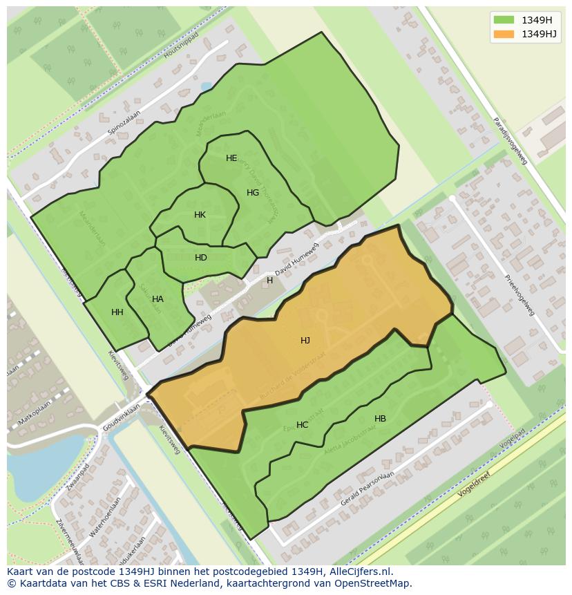 Afbeelding van het postcodegebied 1349 HJ op de kaart.